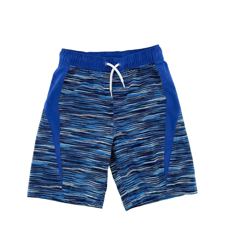Lands End Kids‎ Swim Trunks Size L 10-12 Blue Stripe Elastic Drawstring Pockets